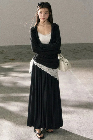 Draped Collar Lace Top Skirt Set-Up