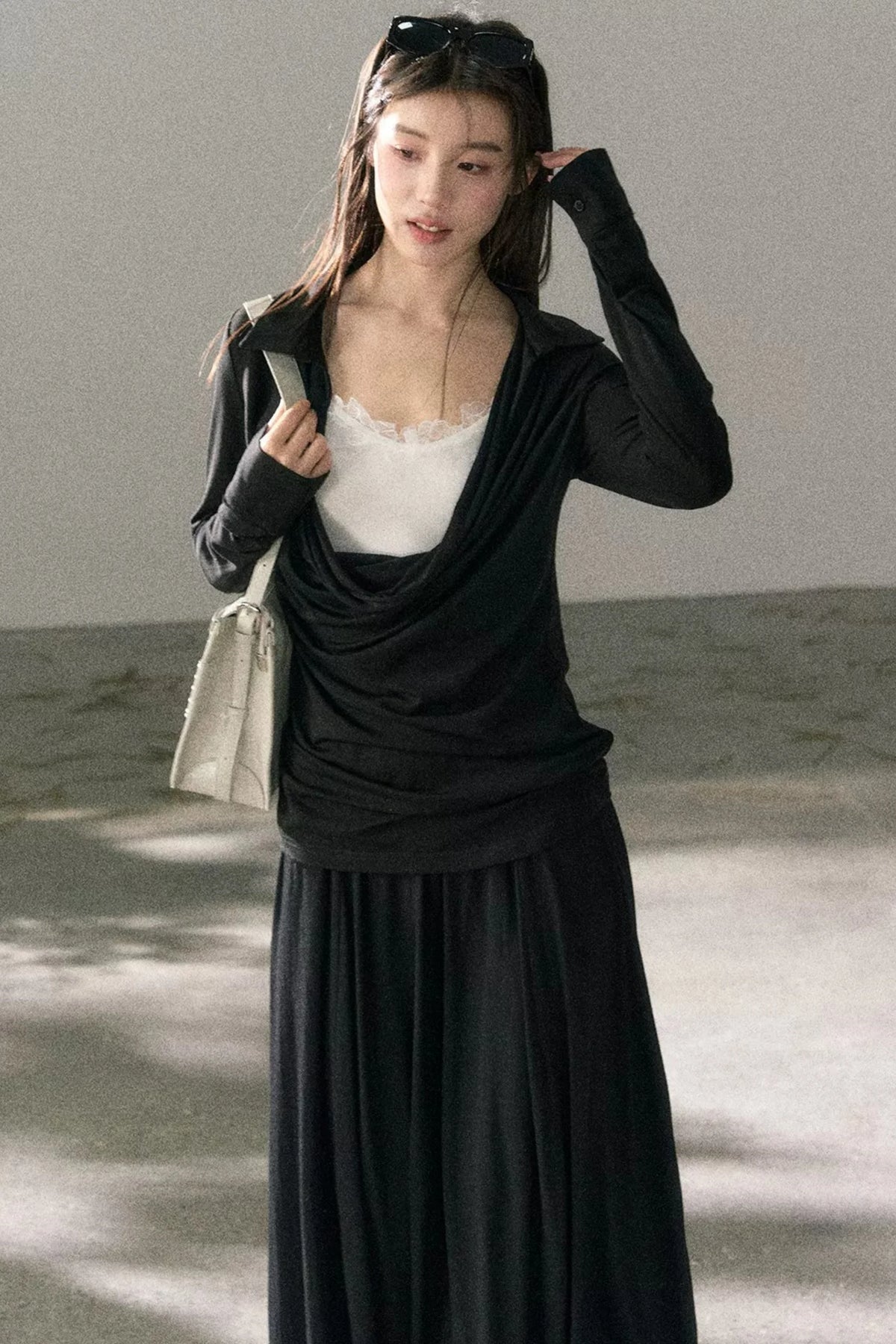 Draped Collar Lace Top Skirt Set-Up