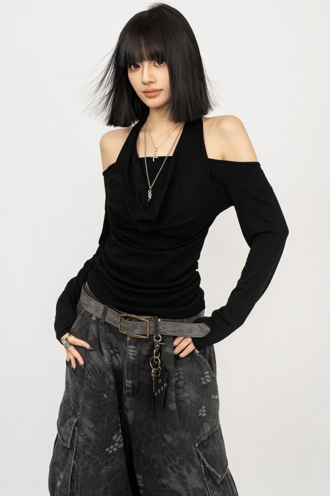 Draped Collar Off-Shoulder Top