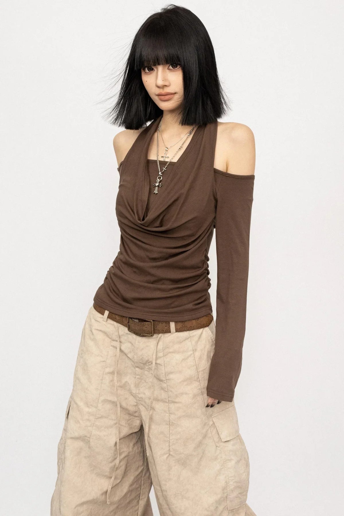 Draped Collar Off-Shoulder Top