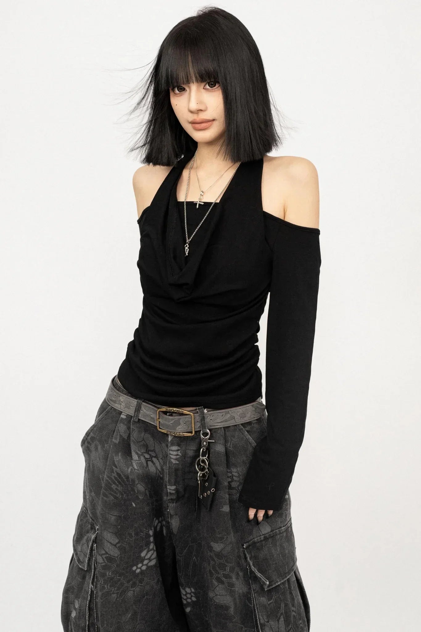 Draped Collar Off-Shoulder Top