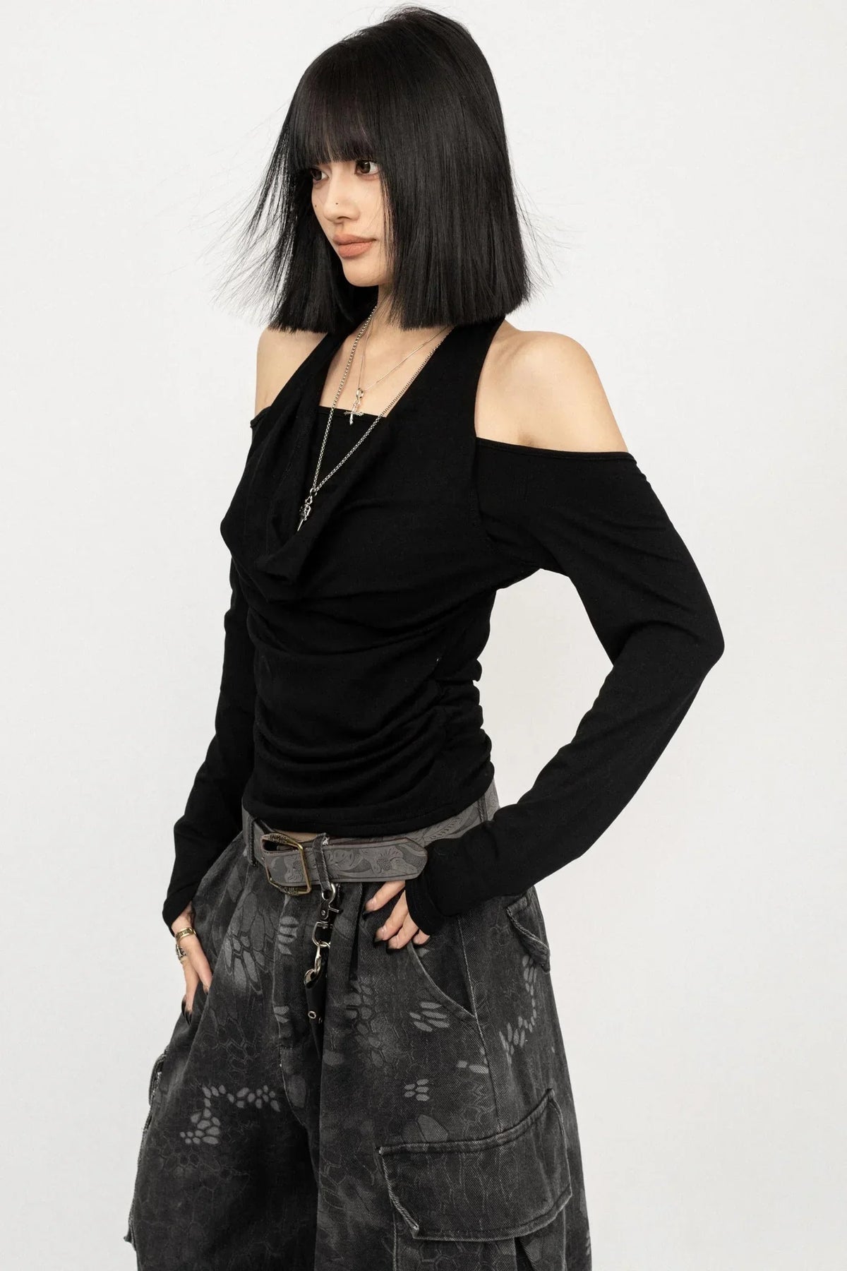 Draped Collar Off-Shoulder Top