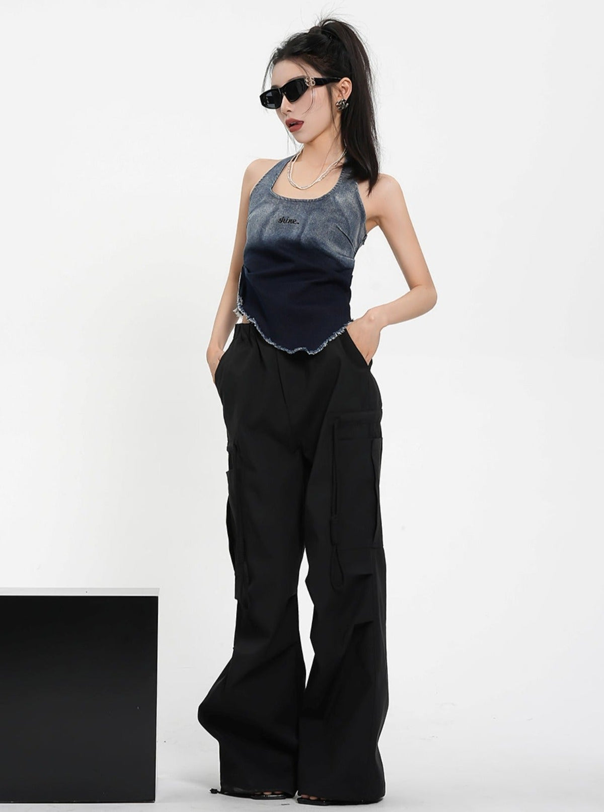 Drawstring Black Wide Leg Pants