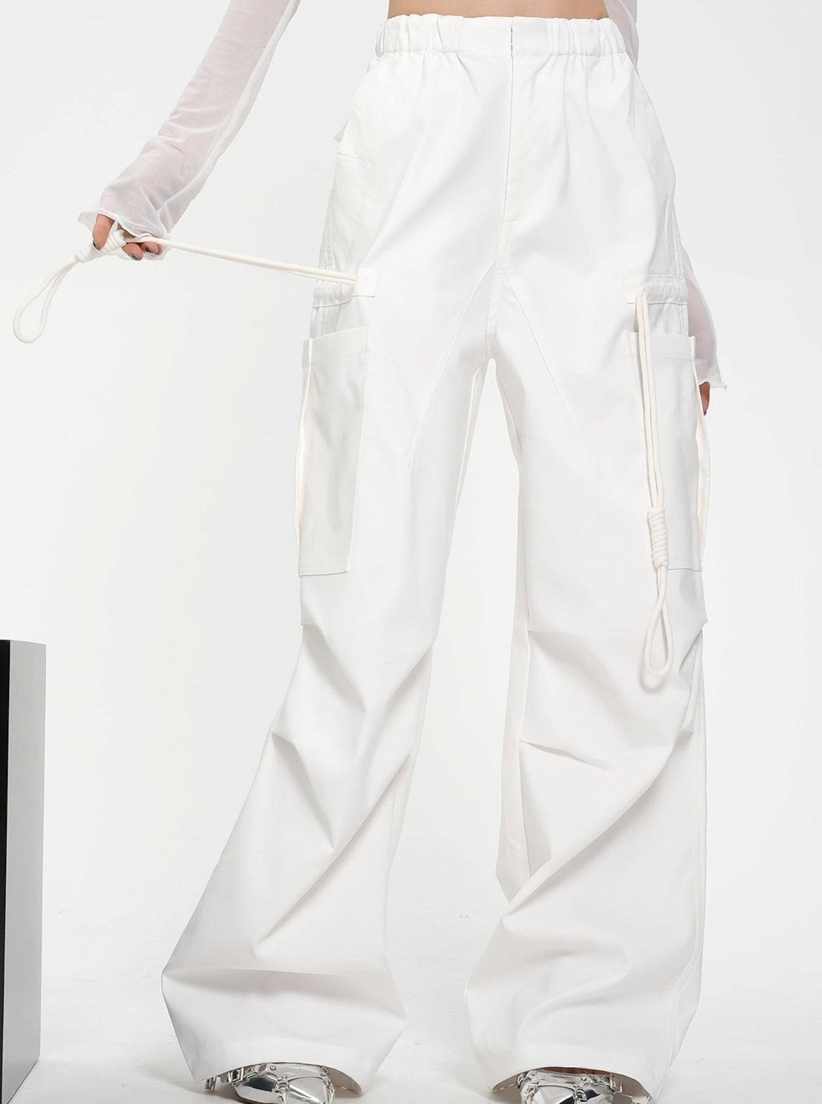 Drawstring Black Wide Leg Pants