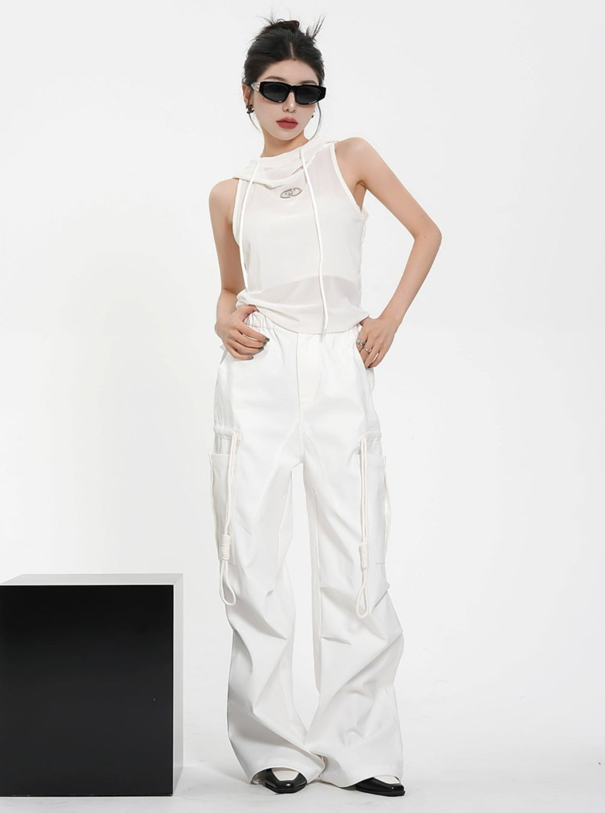 Drawstring Black Wide Leg Pants