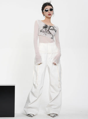 Drawstring Black Wide Leg Pants