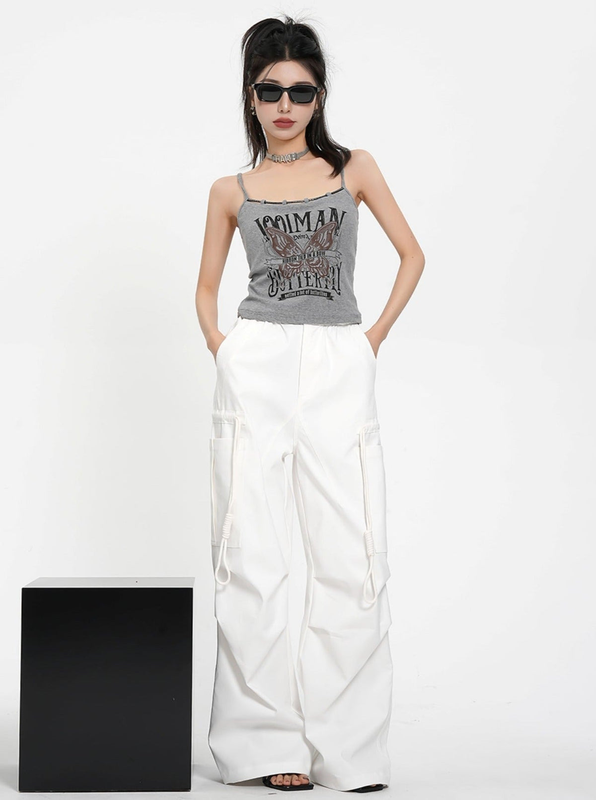 Drawstring Black Wide Leg Pants