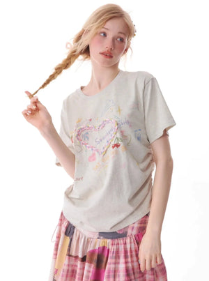 Drawstring Love Print Top