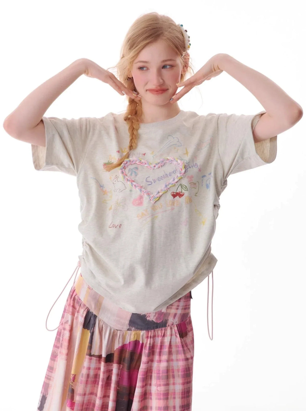 Drawstring Love Print Top