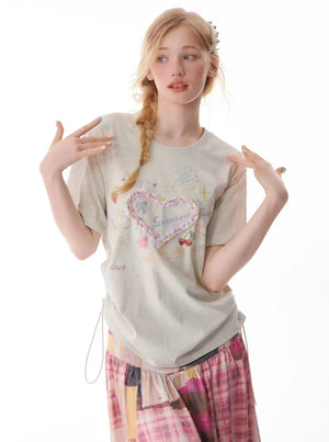 Drawstring Love Print Top