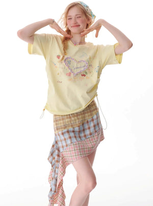 Drawstring Love Print Top