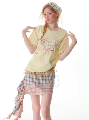 Drawstring Love Print Top