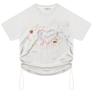 Drawstring Love Print Top