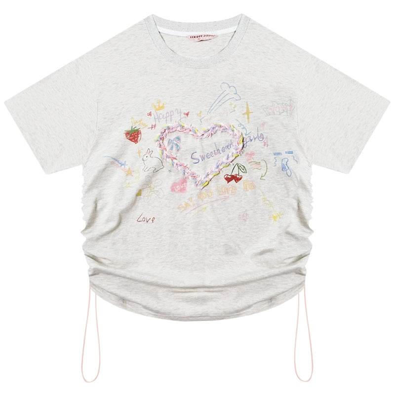 Drawstring Love Print Top
