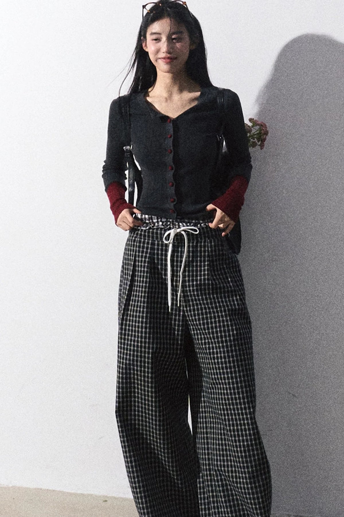 Drawstring Plaid Wide-Leg Pants