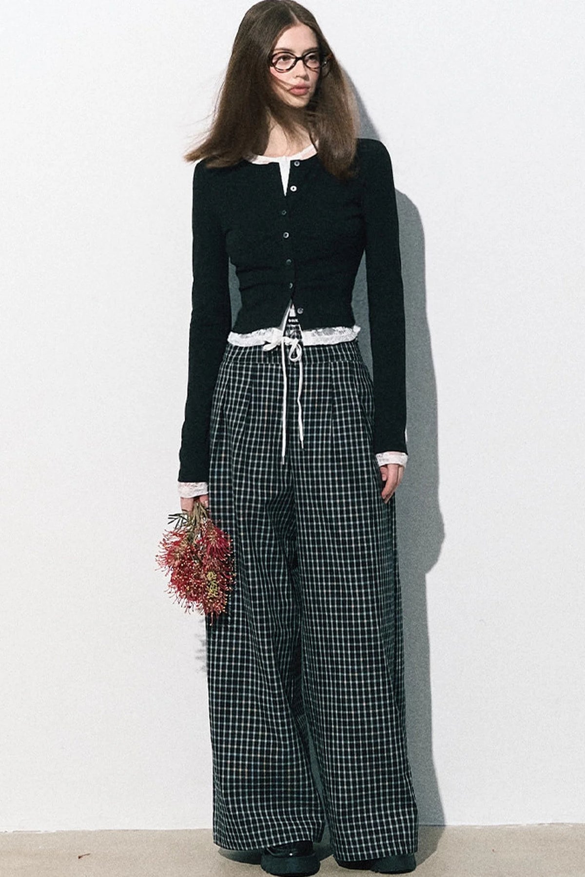 Drawstring Plaid Wide-Leg Pants