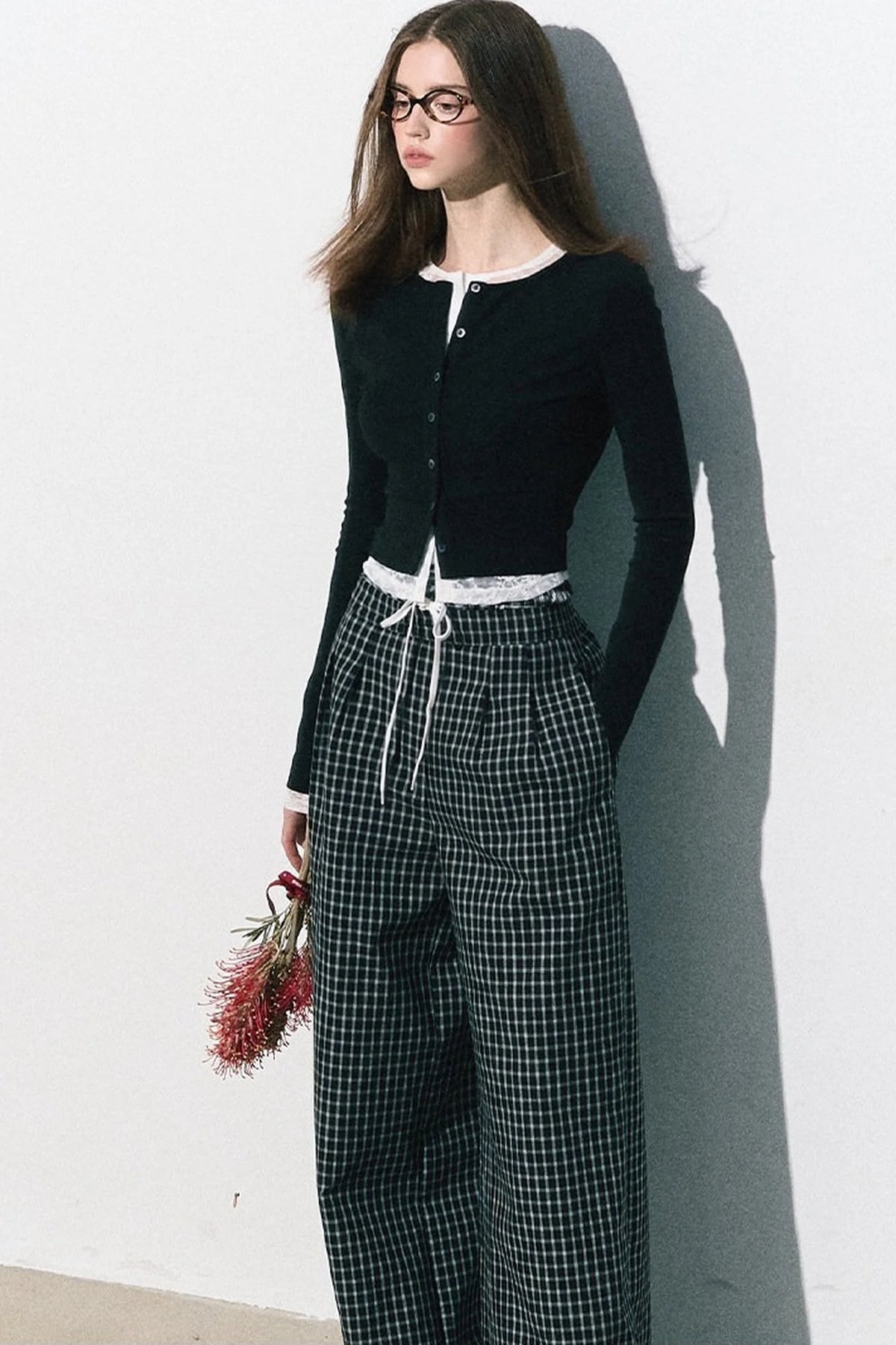 Drawstring Plaid Wide-Leg Pants