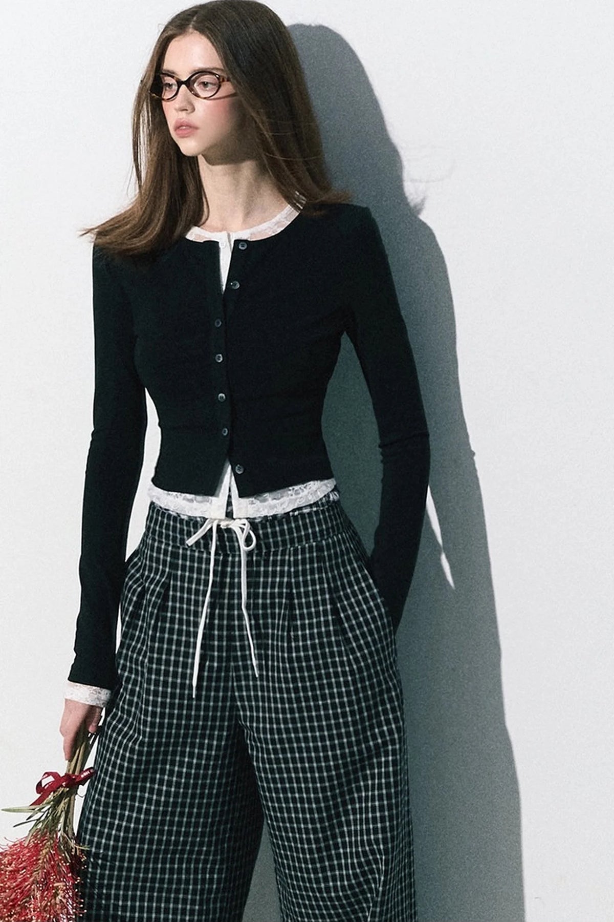 Drawstring Plaid Wide-Leg Pants