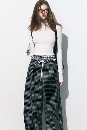 Drawstring Plaid Wide-Leg Pants