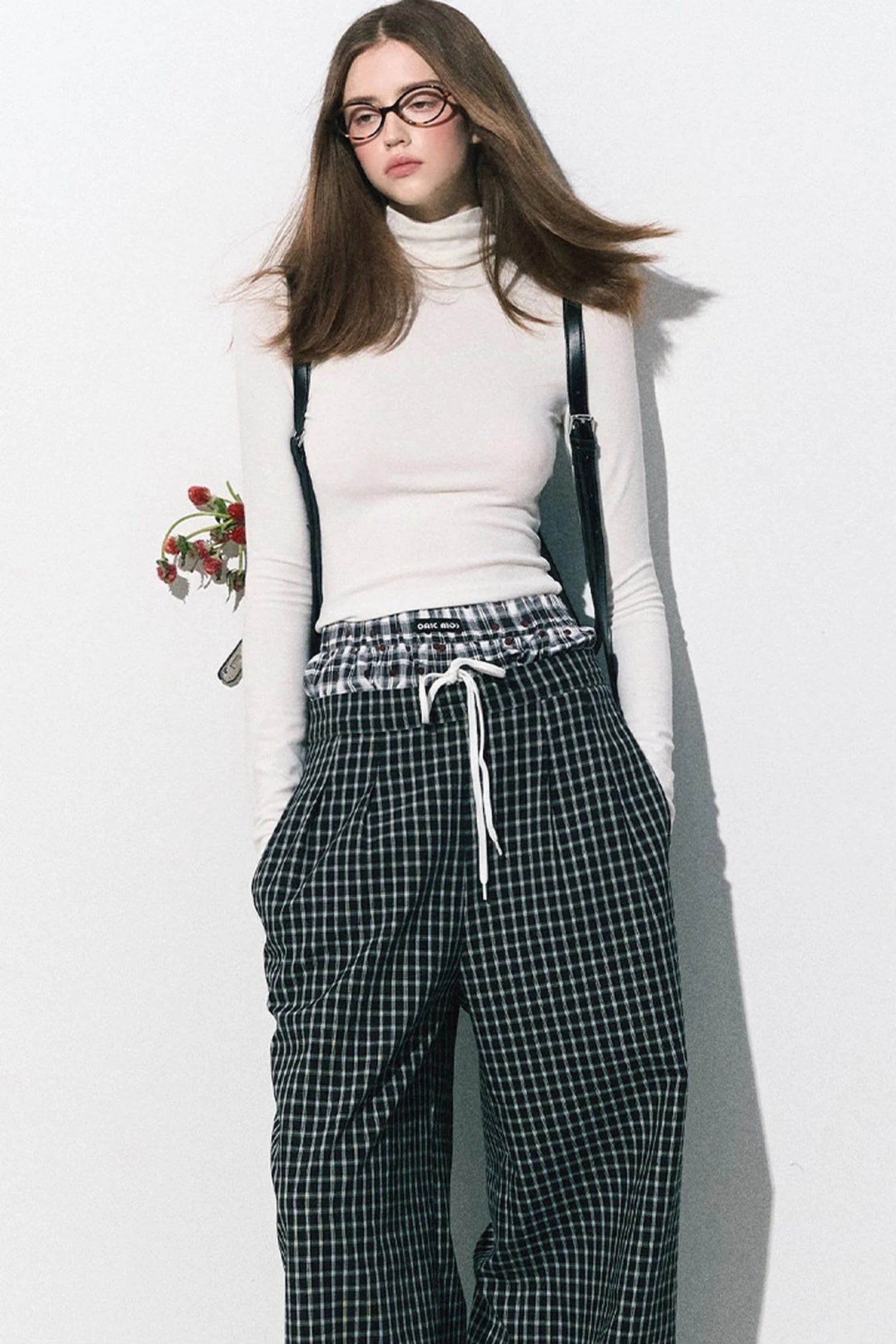 Drawstring Plaid Wide-Leg Pants