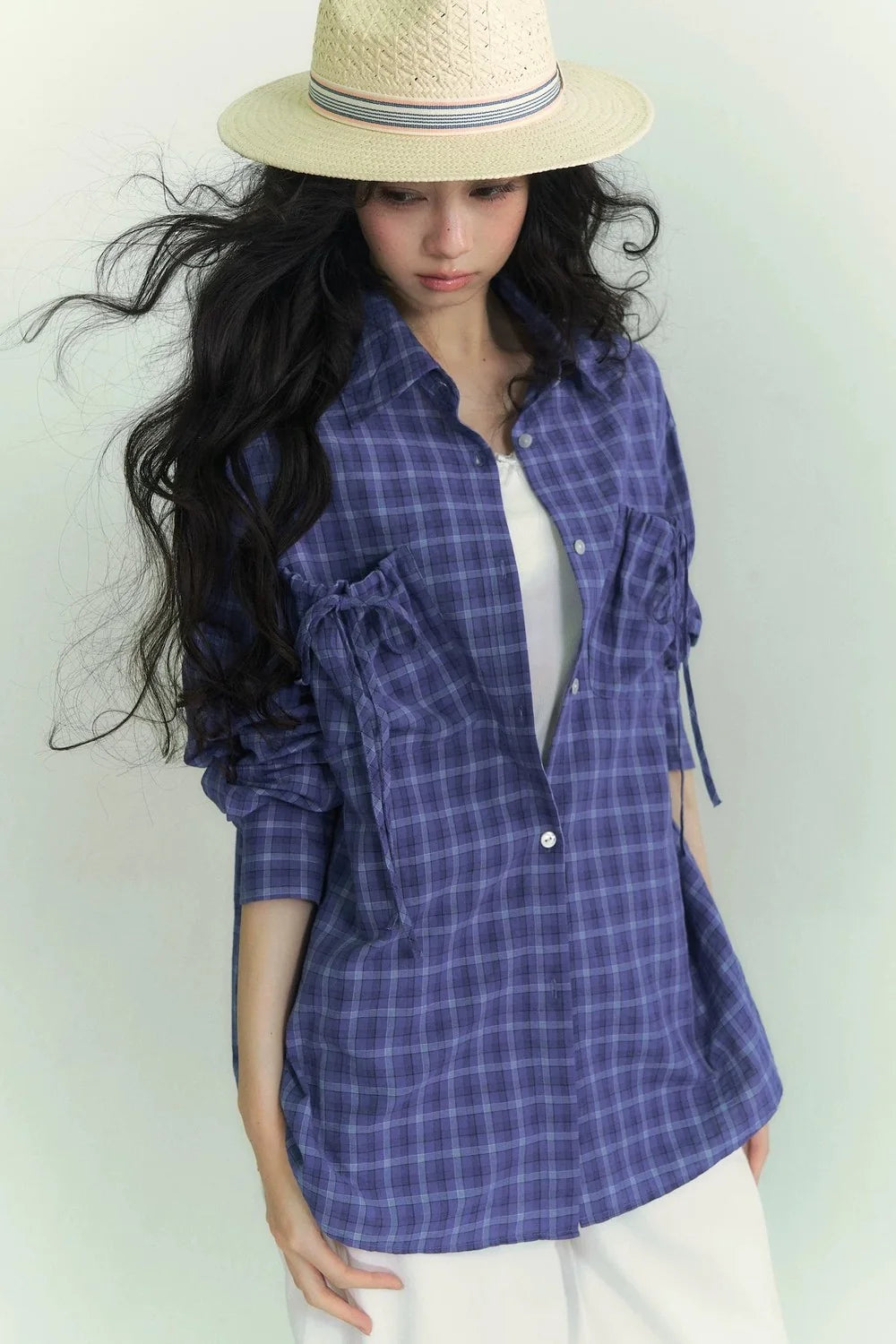 Drawstring Pocket Plaid Shirt