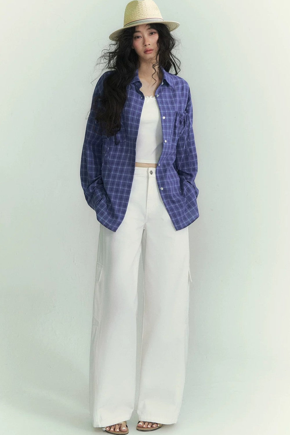 Drawstring Pocket Plaid Shirt