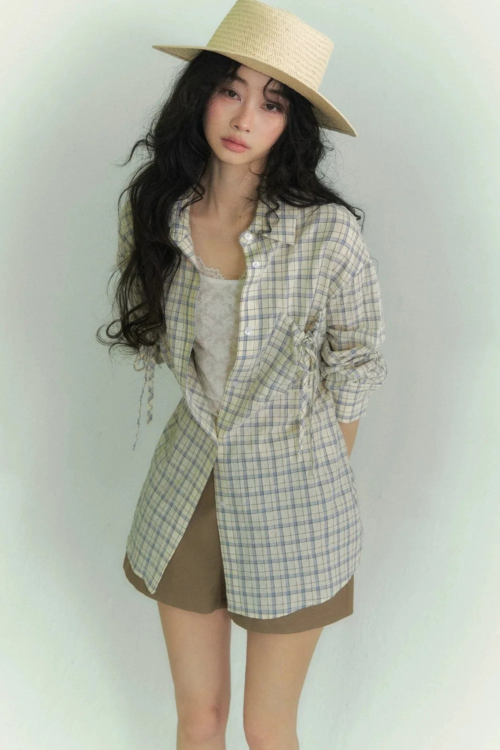 Drawstring Pocket Plaid Shirt
