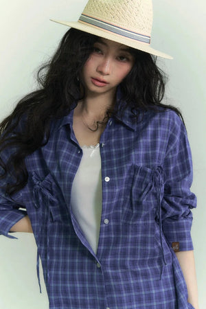 Drawstring Pocket Plaid Shirt
