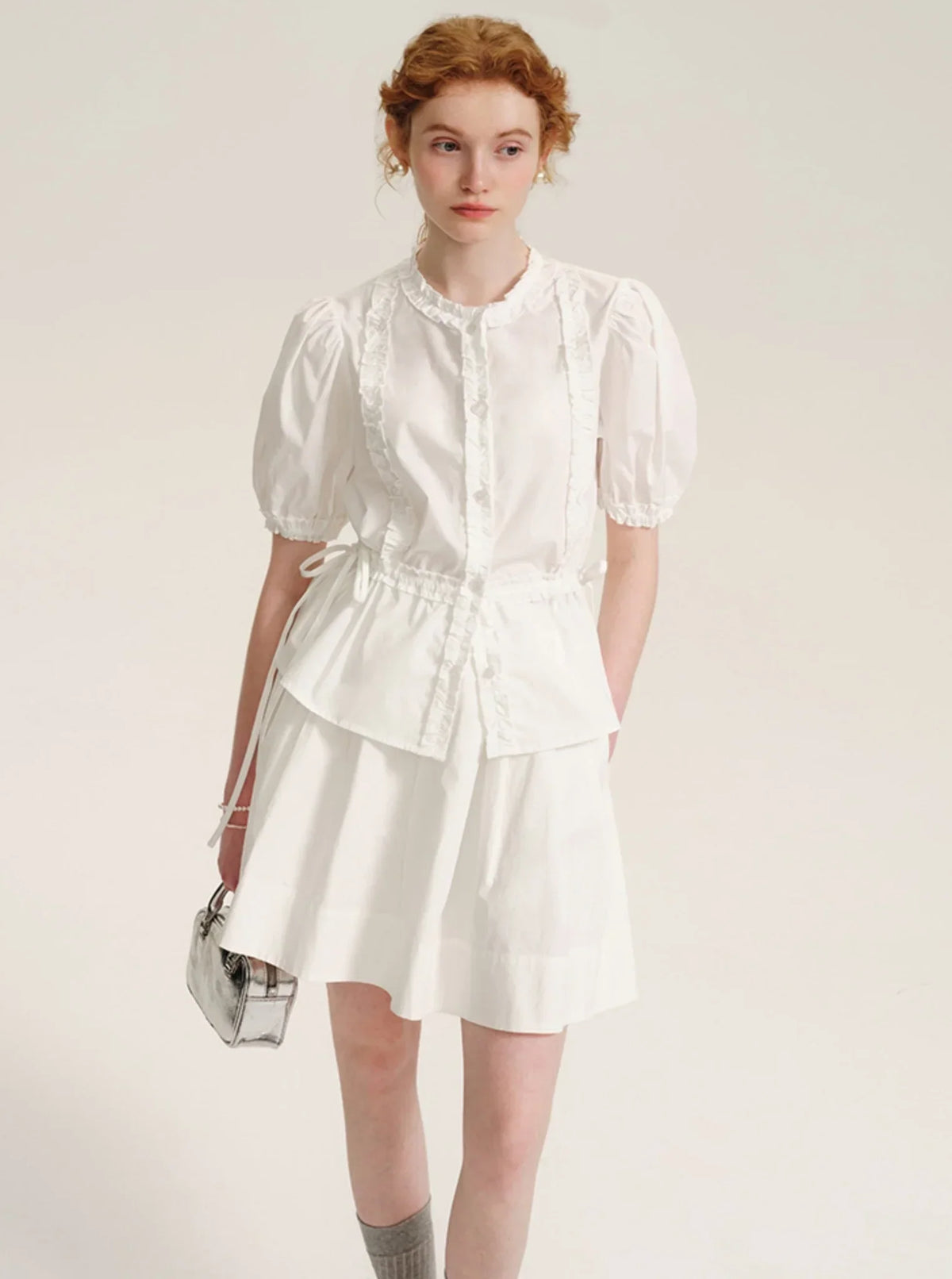 Drawstring Waist Puff Sleeve Shirt Set-Up