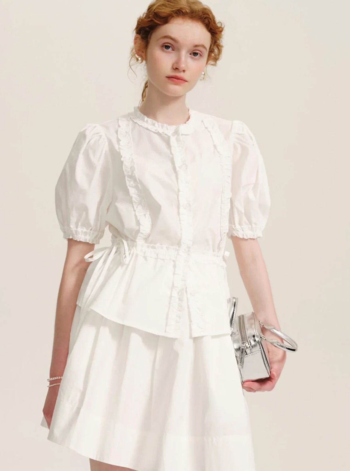 Drawstring Waist Puff Sleeve Shirt Set-Up
