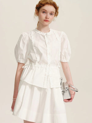 Drawstring Waist Puff Sleeve Shirt Set-Up