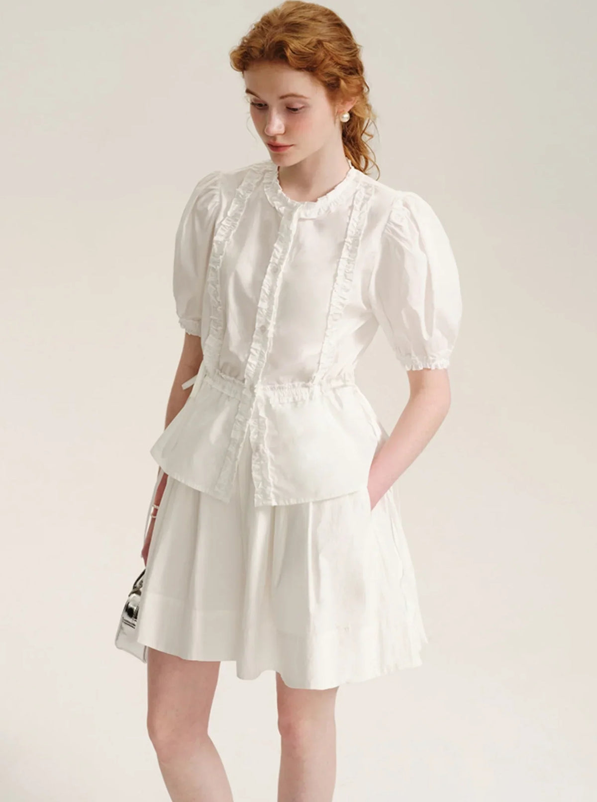 Drawstring Waist Puff Sleeve Shirt Set-Up