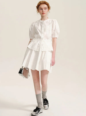 Drawstring Waist Puff Sleeve Shirt Set-Up