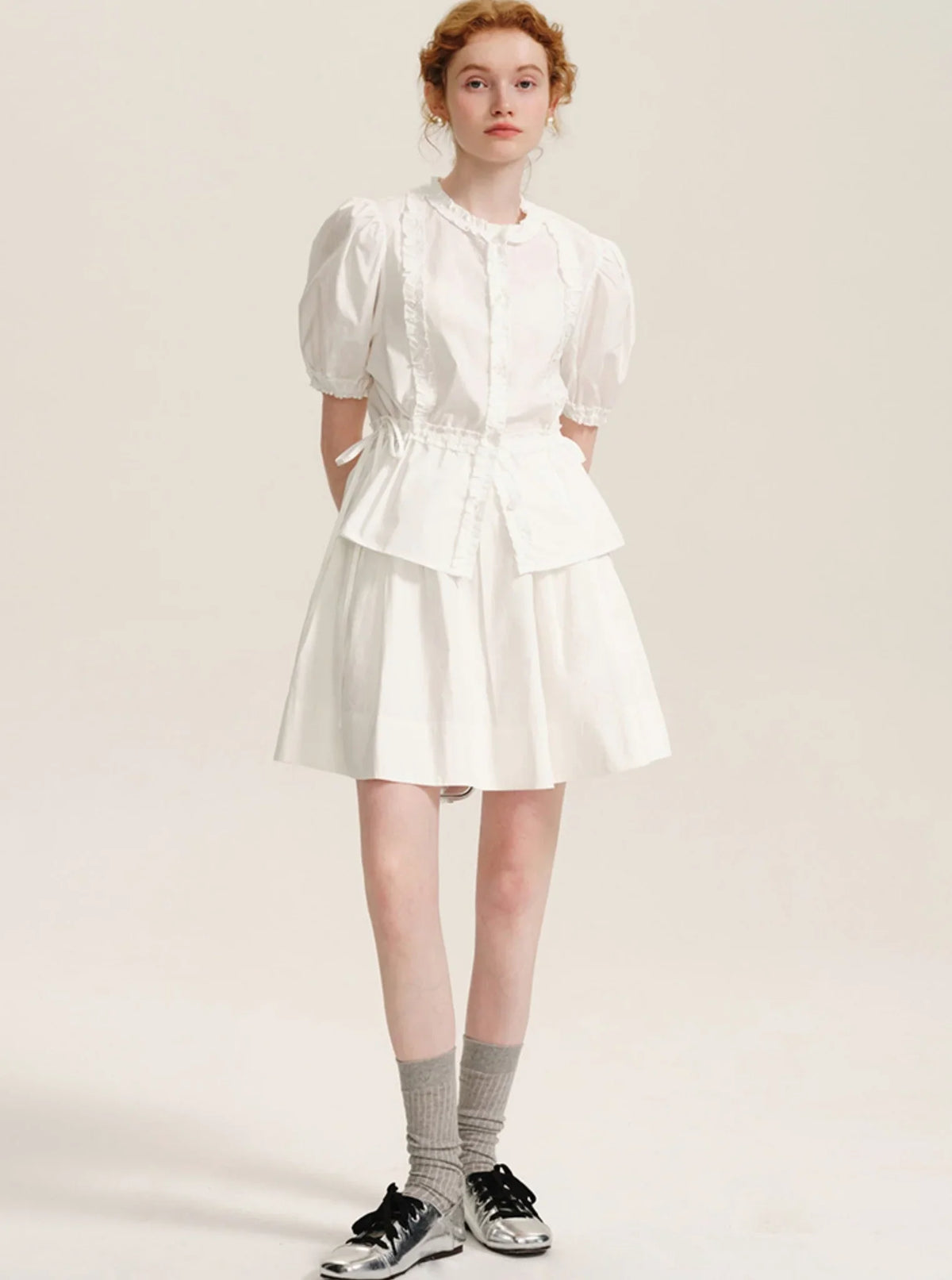 Drawstring Waist Puff Sleeve Shirt Set-Up
