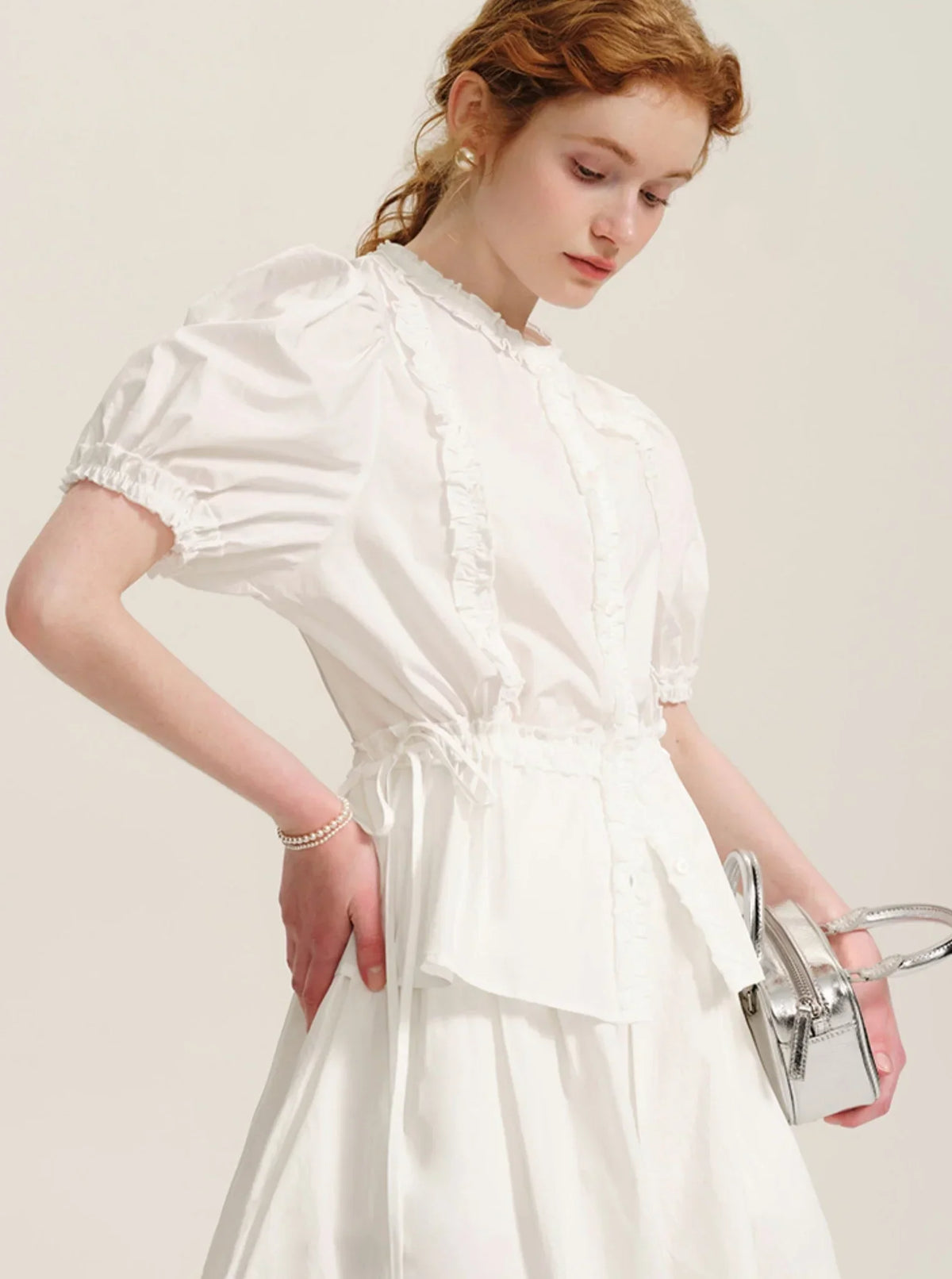 Drawstring Waist Puff Sleeve Shirt Set-Up