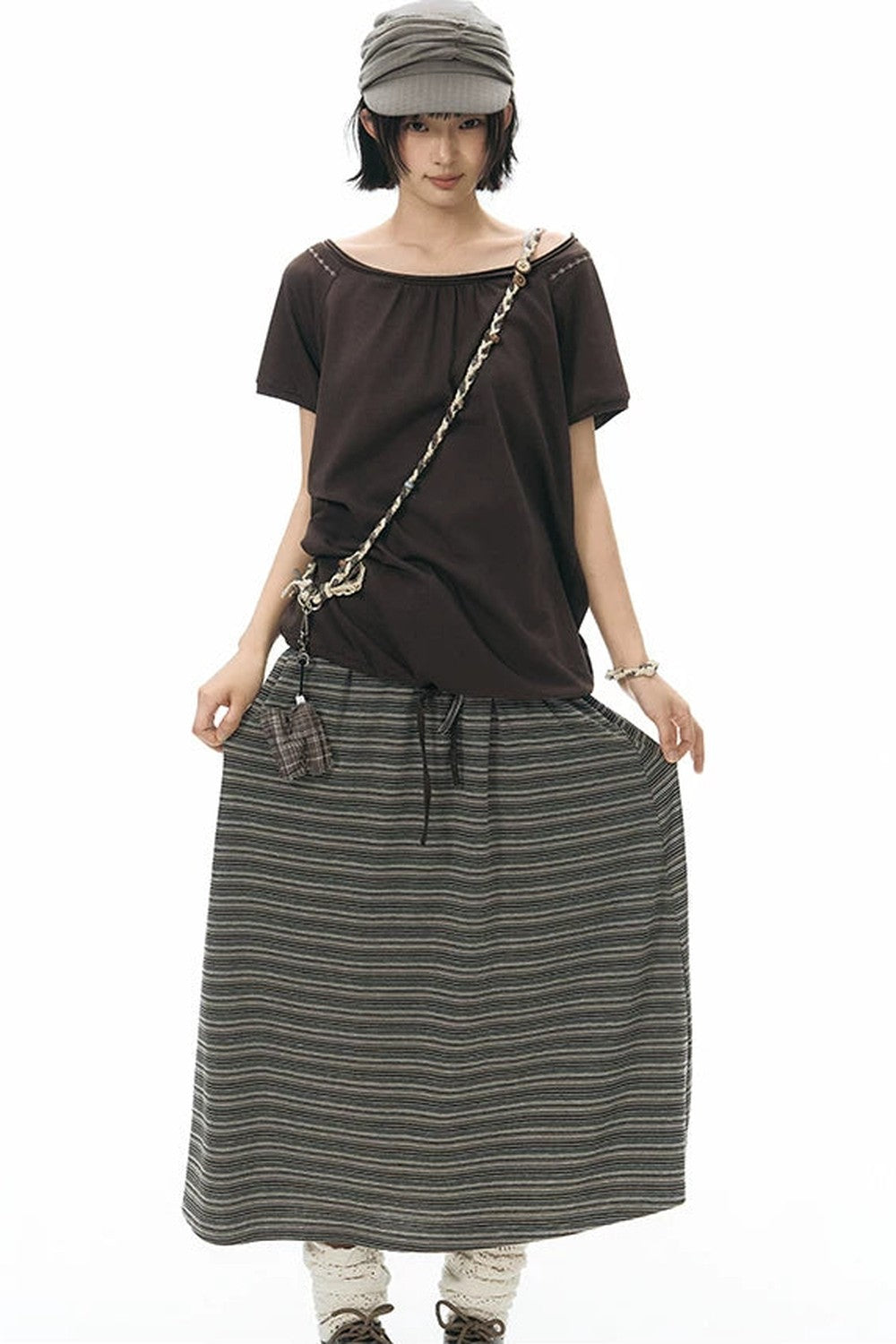 Drawstring Waist Striped Skirt