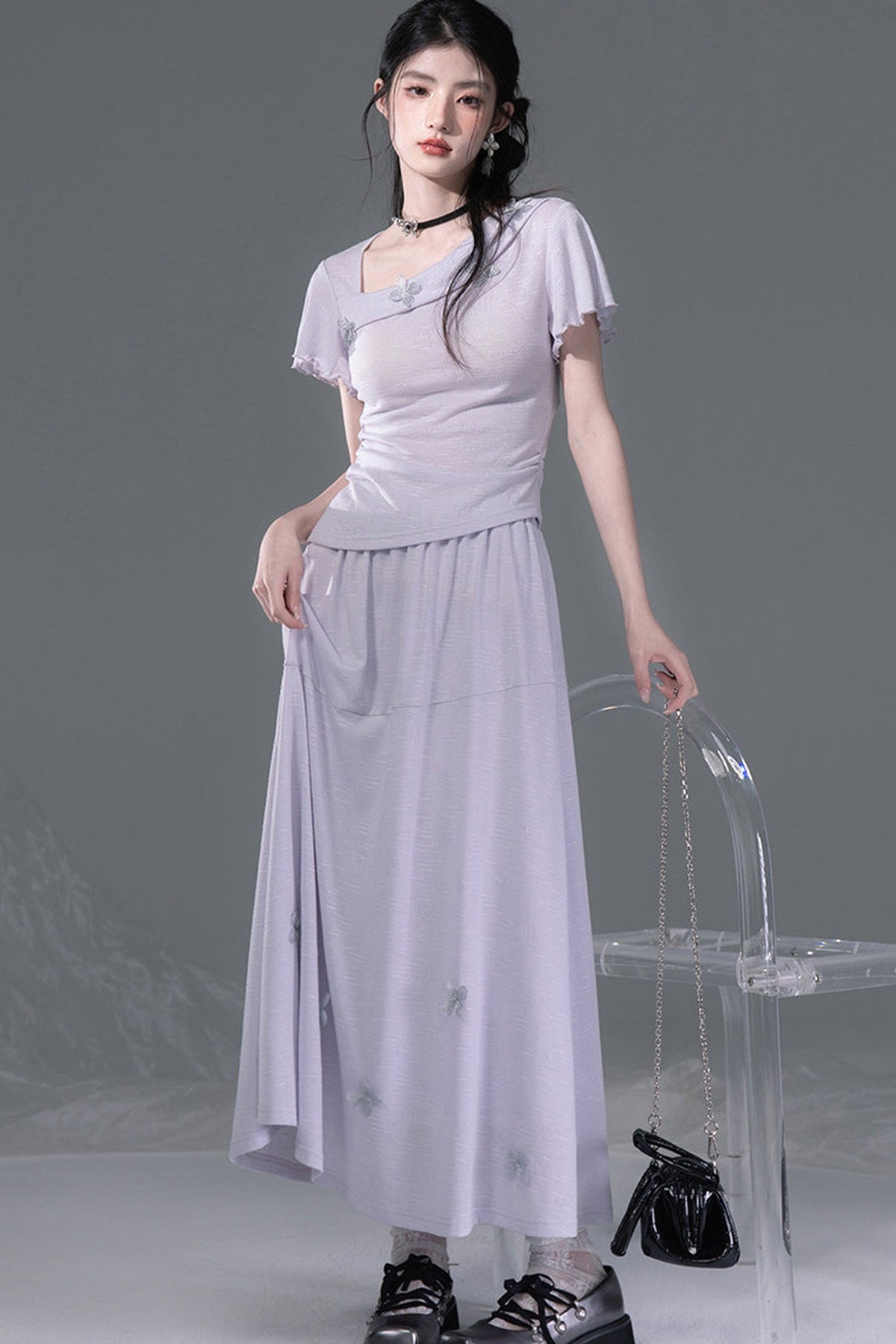 Dreamy Purple 3D Floral Knit Top and Skirt Set