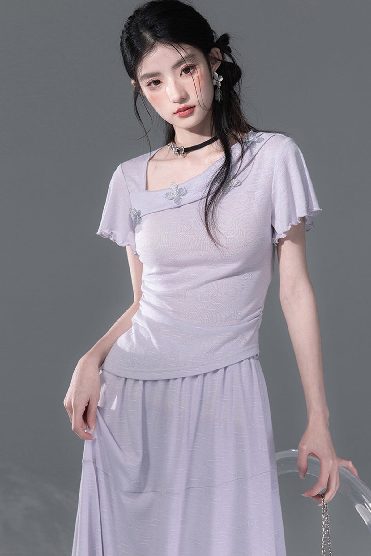 Dreamy Purple 3D Floral Knit Top and Skirt Set