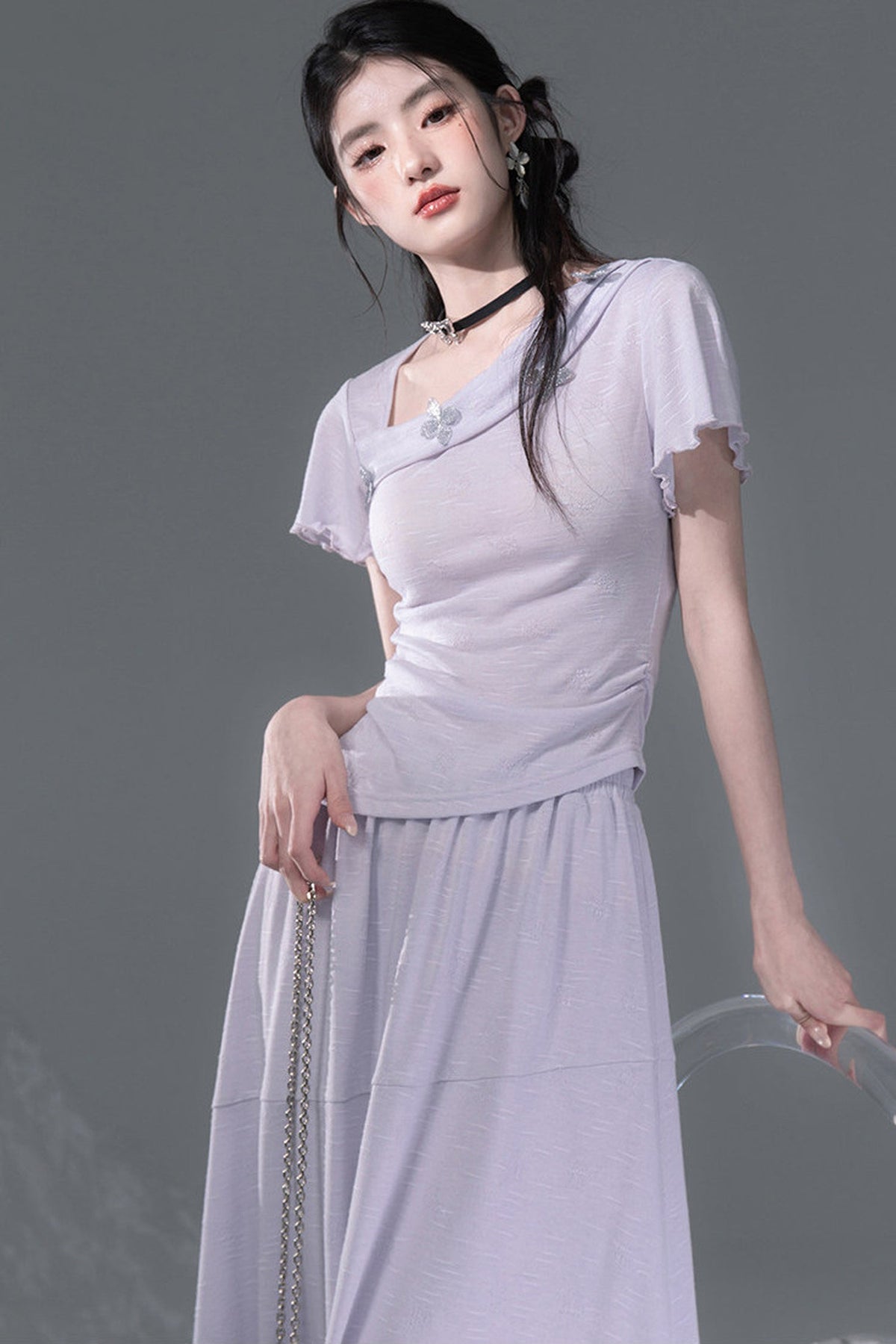Dreamy Purple 3D Floral Knit Top and Skirt Set