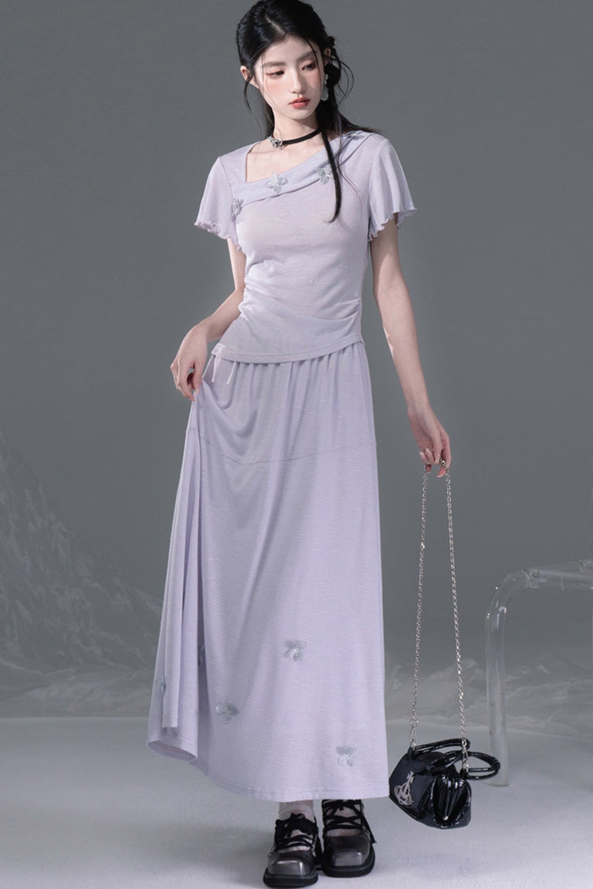 Dreamy Purple 3D Floral Knit Top and Skirt Set