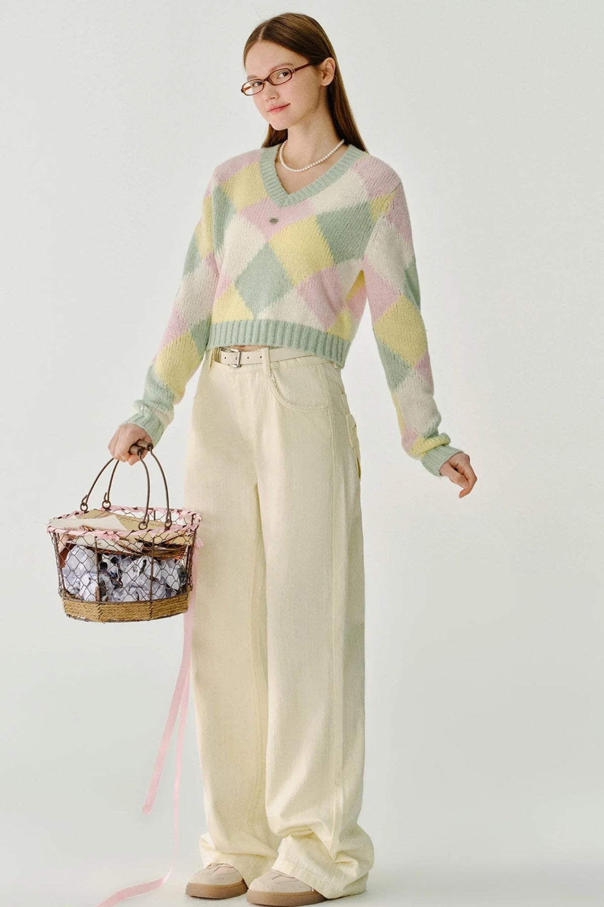 Dropped Shoulder Knit V-Neck Sweater Top