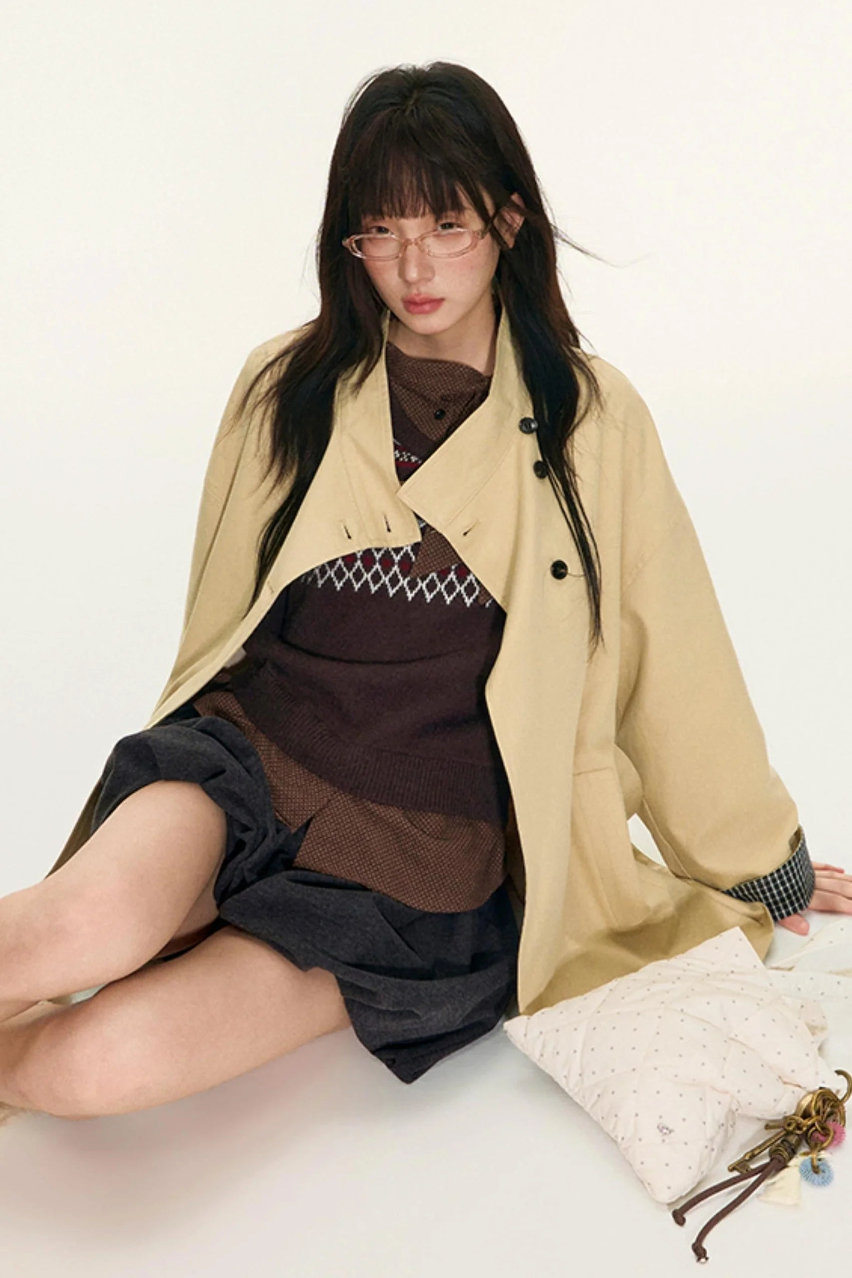 Dual-Purpose Plaid Patchwork Trench Coat