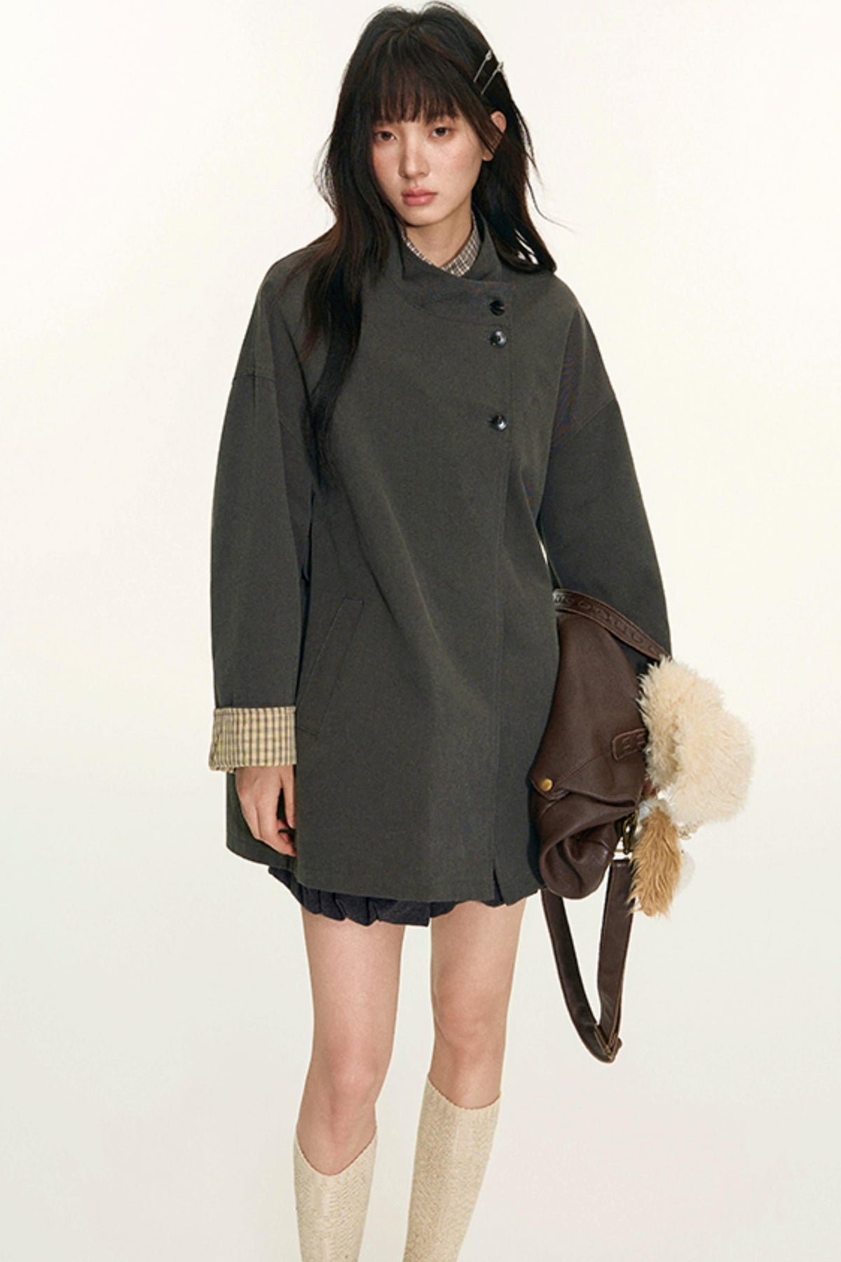 Dual-Purpose Plaid Patchwork Trench Coat