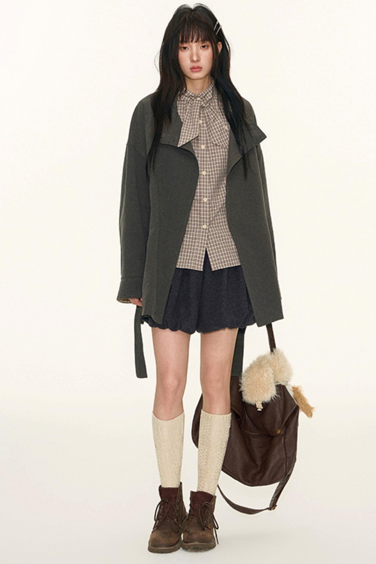 Dual-Purpose Plaid Patchwork Trench Coat