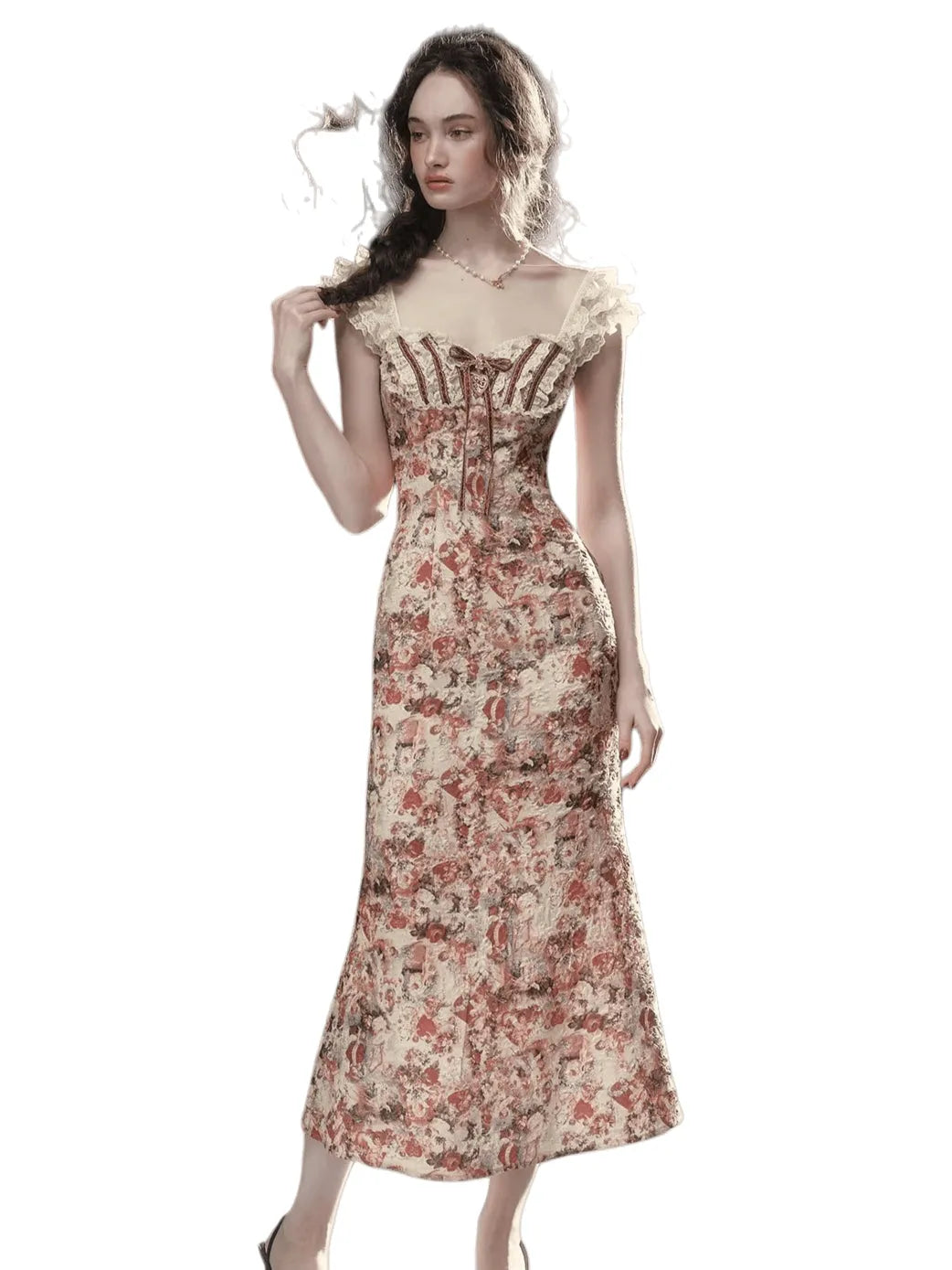 Vintage Lace-Patchwork Floral Mermaid Dress
