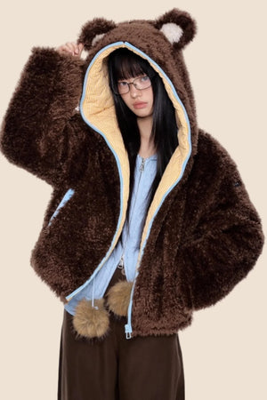 Ear-Flap Striped Faux Shearling Jacket