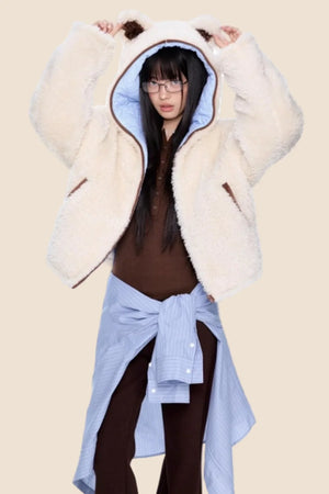 Ear-Flap Striped Faux Shearling Jacket