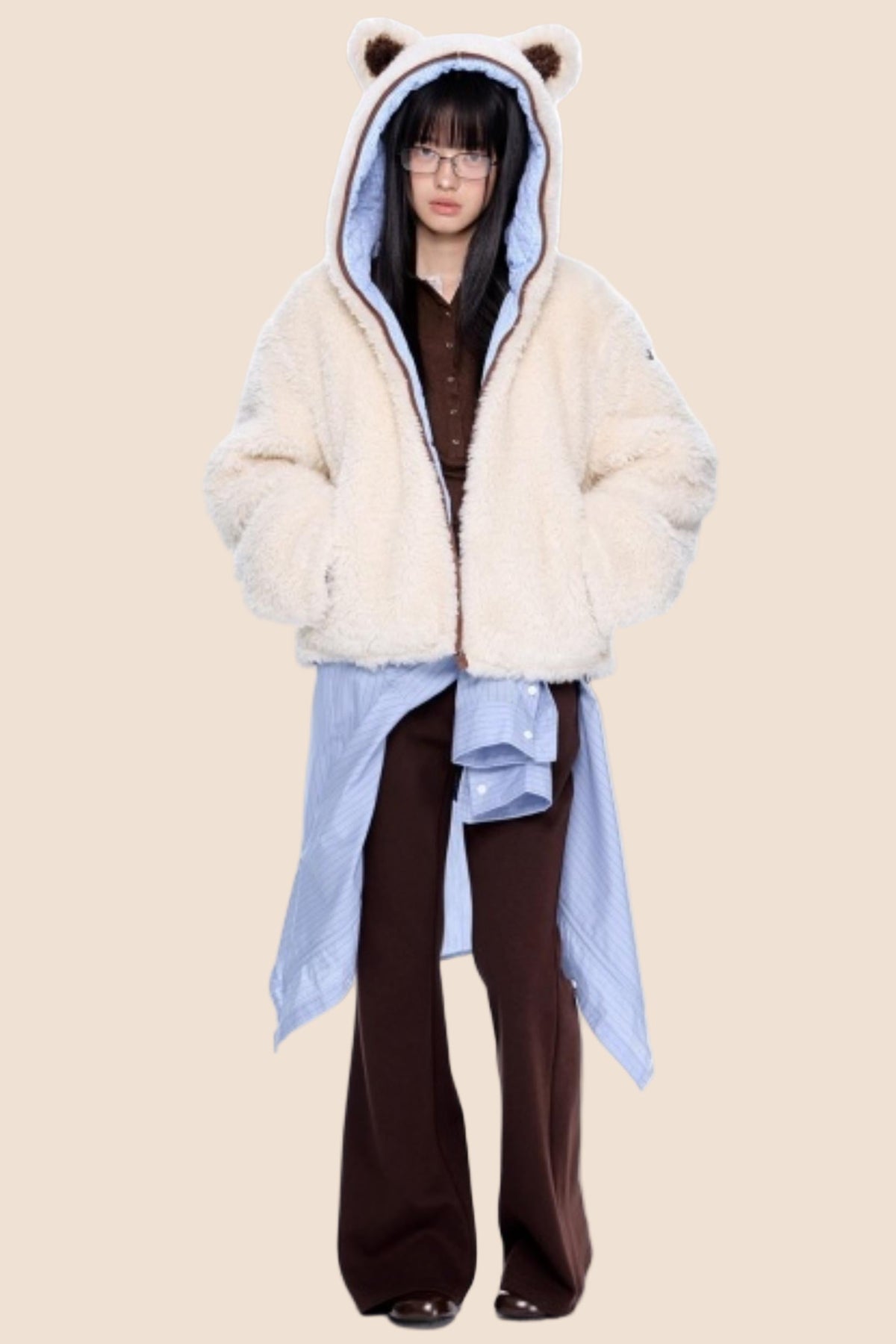 Ear-Flap Striped Faux Shearling Jacket