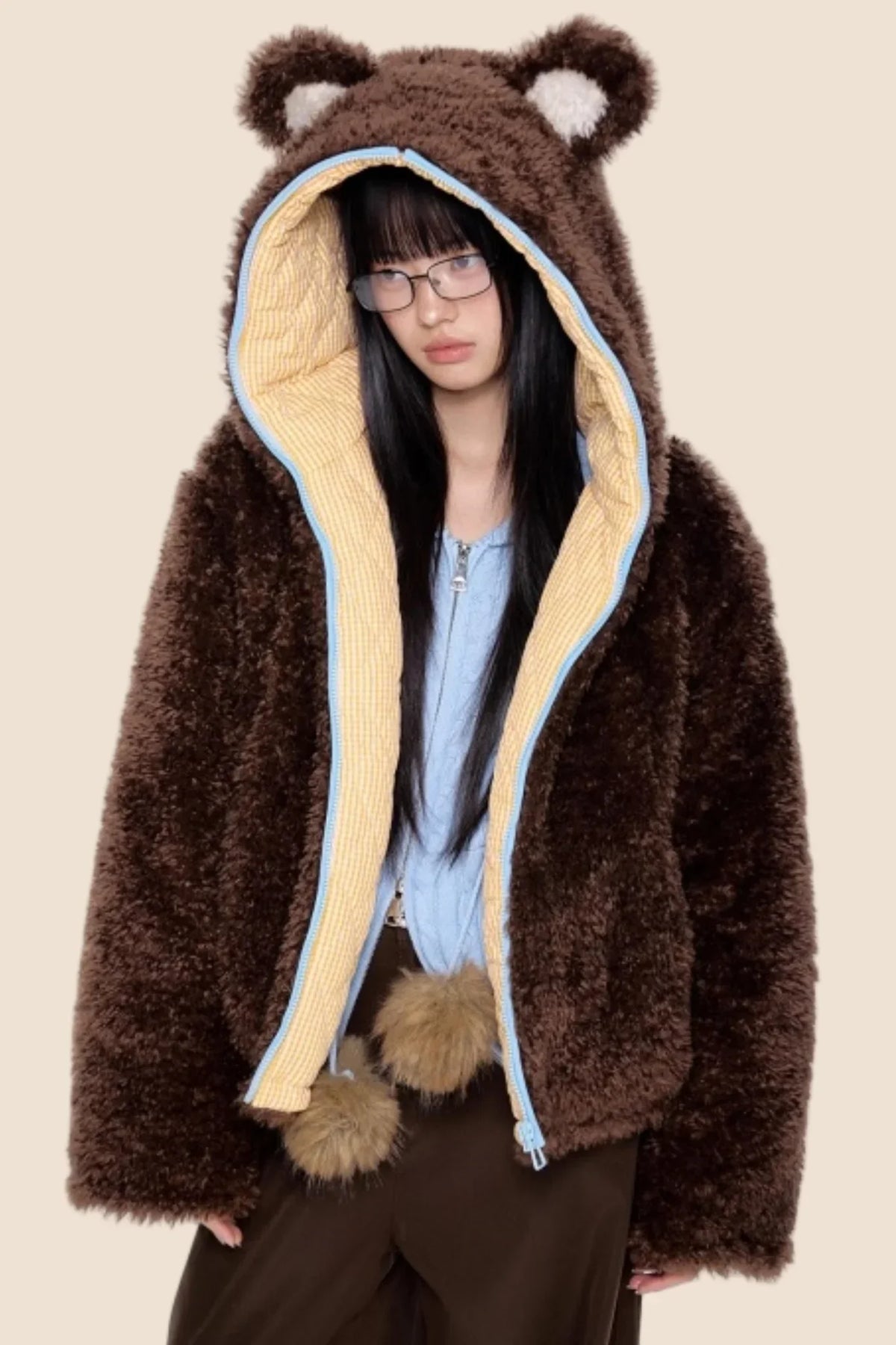 Ear-Flap Striped Faux Shearling Jacket