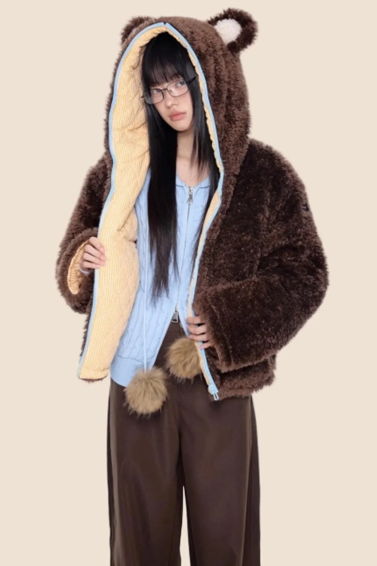 Ear-Flap Striped Faux Shearling Jacket